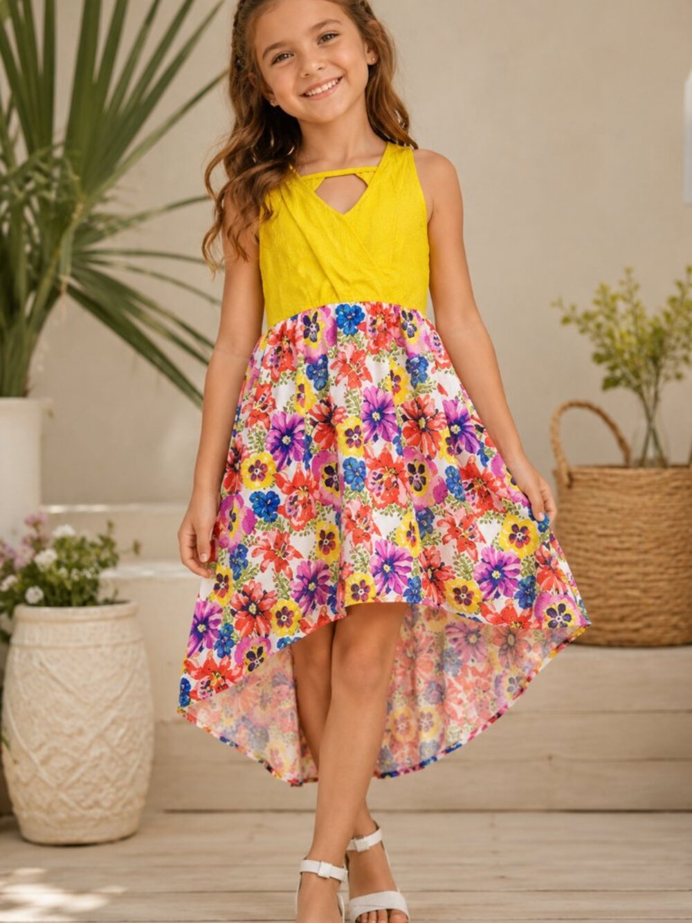 Girls Floral High-Low Dress Yellow Sleeveless Spring Summer Dress Size 10